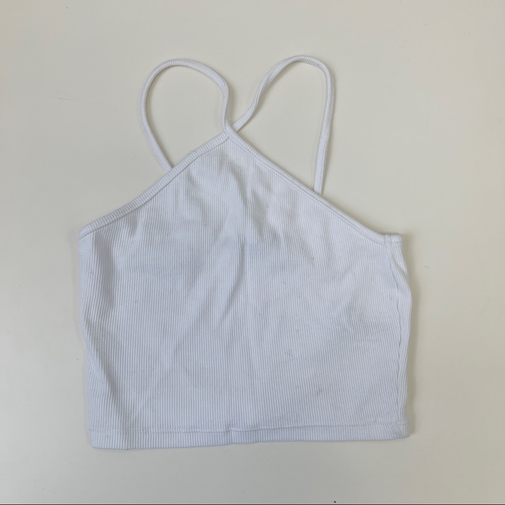 Zara White Ribbed Criss Cross Halter Crop Top Size M
